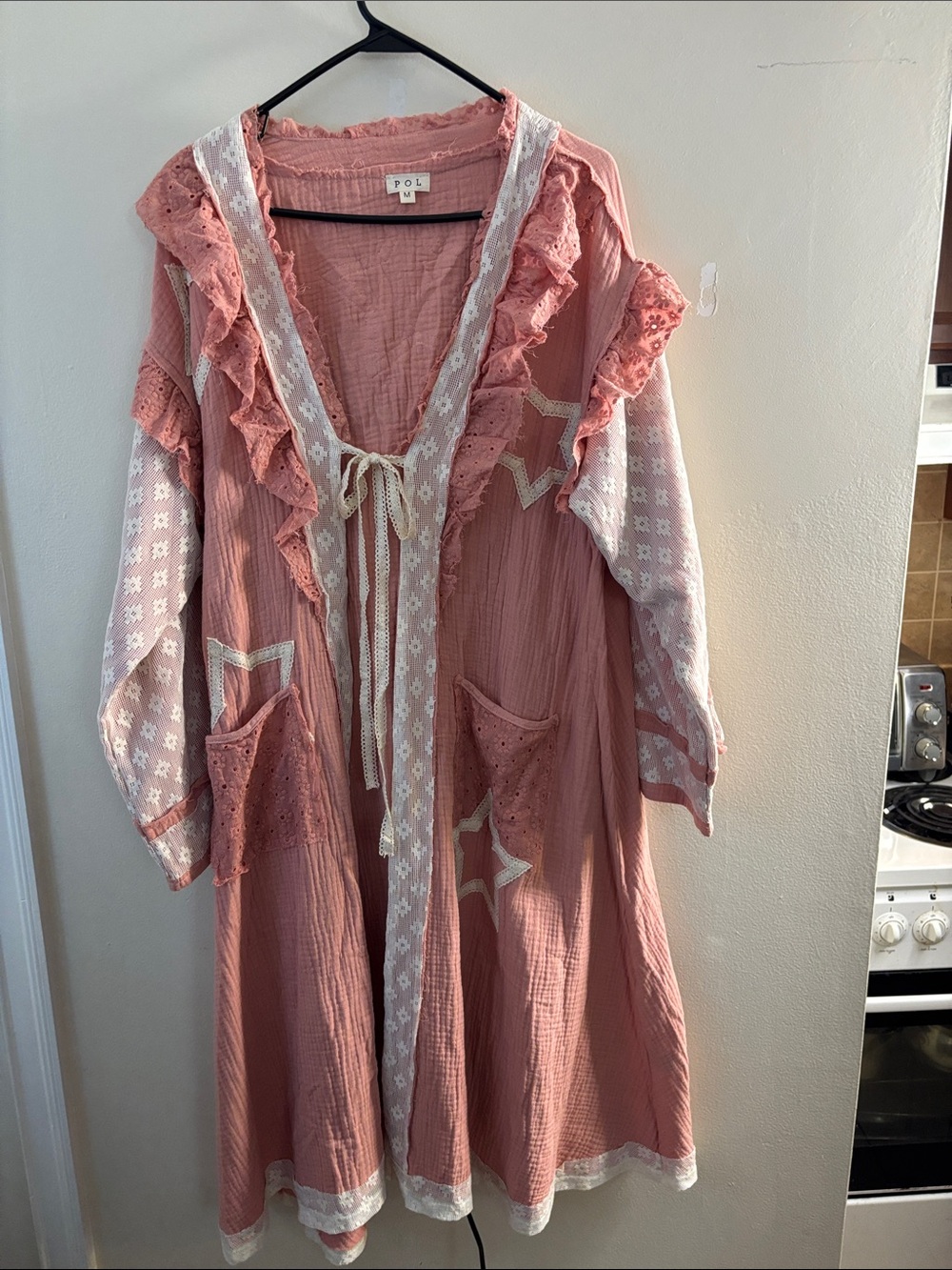 POL Pink Ruffled Cotton Duster with Lace Trim